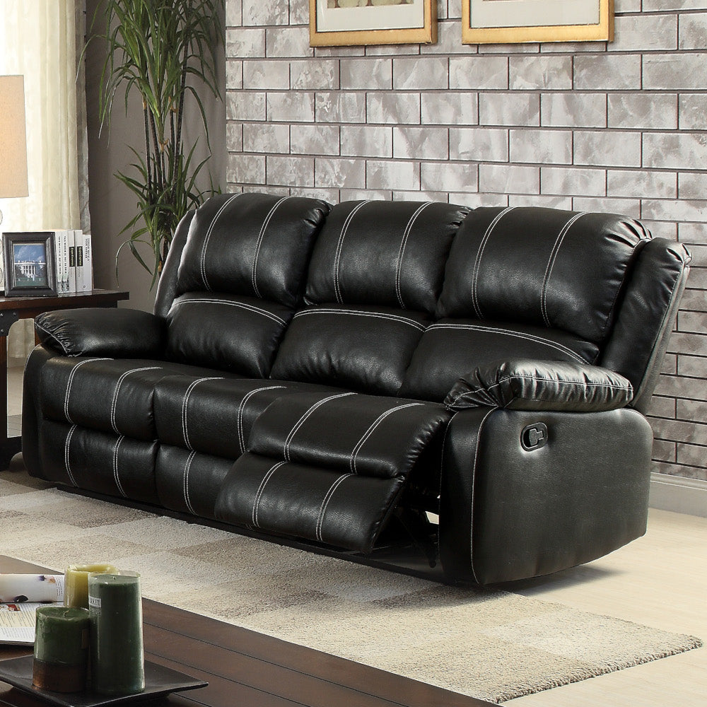 Zuriel Motion Sofa, Black Synthetic Leather Lv52285 Black Upholstered 3 Seat