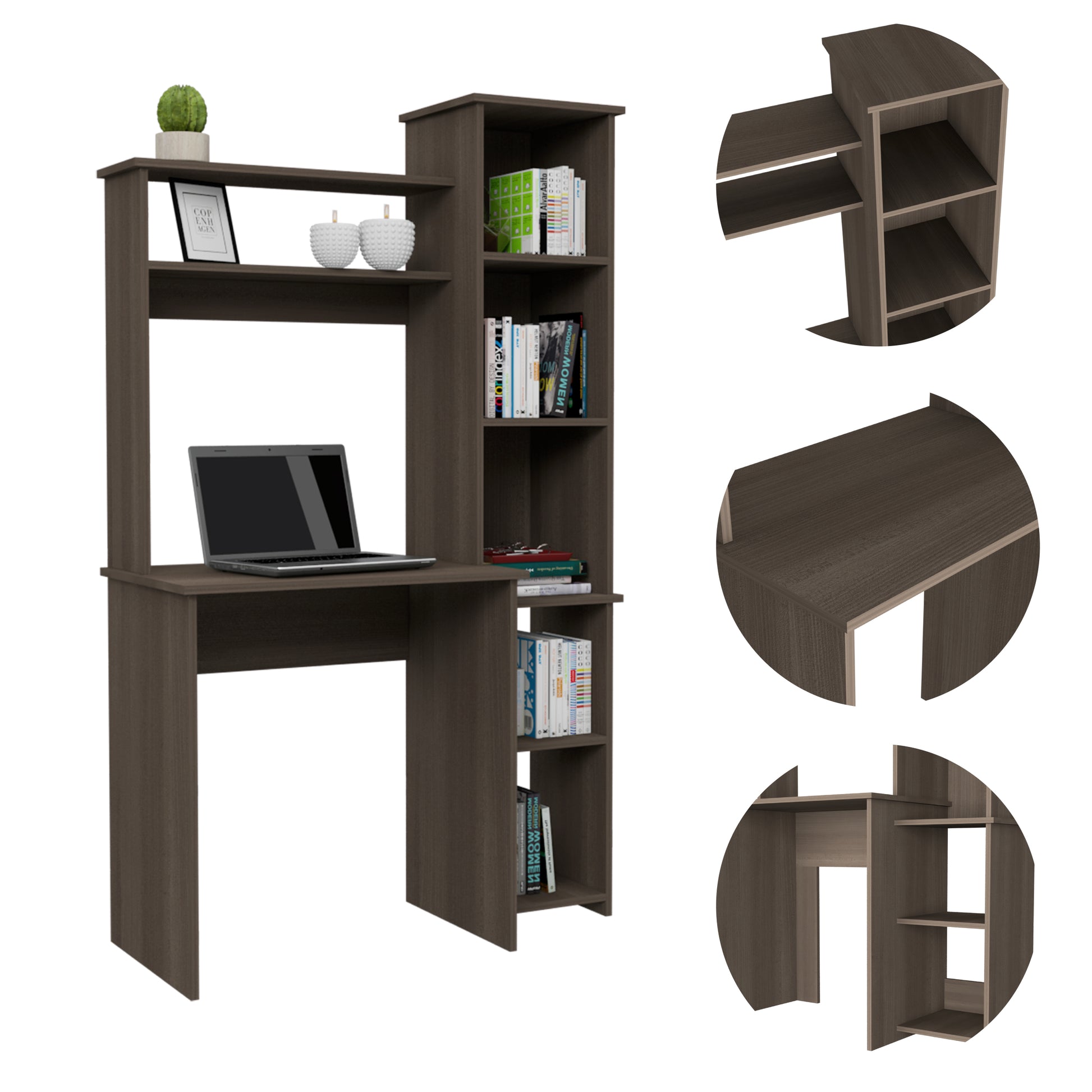 Aramis Desk, Five Shelves, Two Superior Shelves, Smokey Oak Gray Particle Board Particle Board