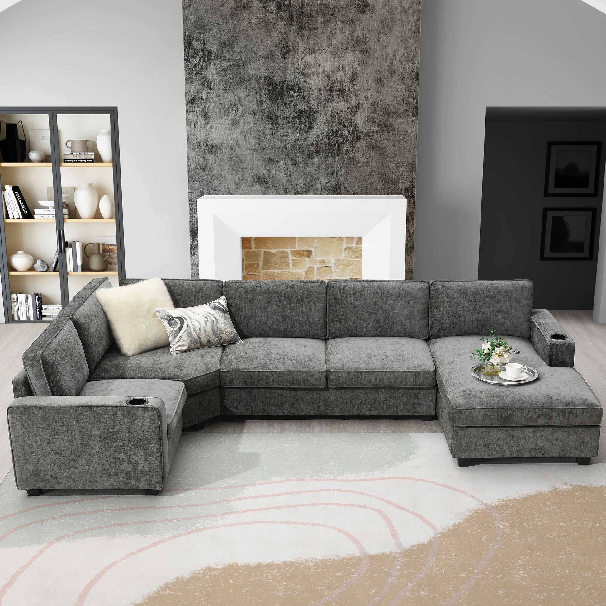 119*67" U Shaped Sectional Sofa,6 Seat Chenille Couch Set With Oversized Chaise Lounge,Irregular Corner,Deep Seat Comfy Sofa With Cup Holders For Living Room,Apartment,2 Colors Dark Gray Chenille 6