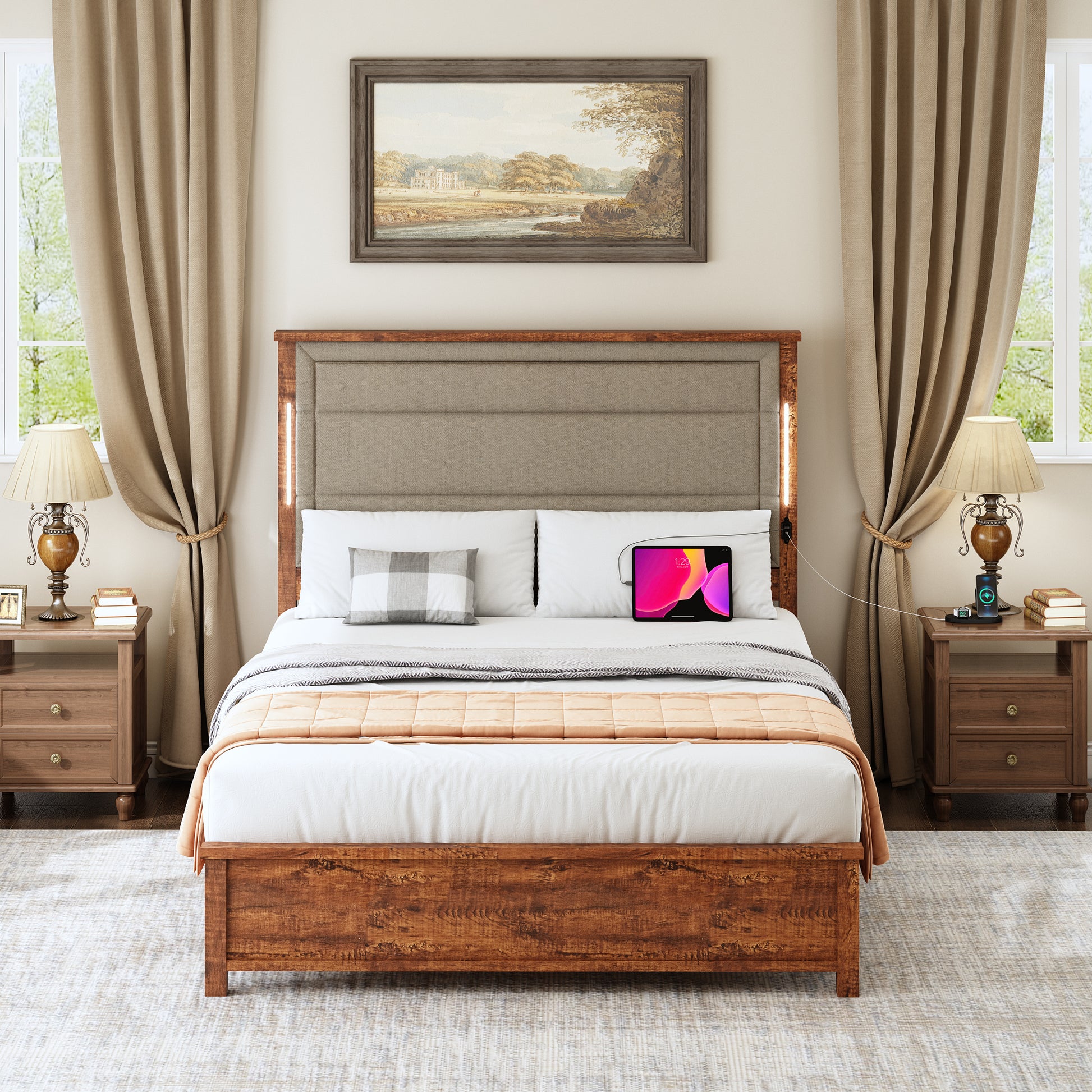 Queen Size Bed Frame With Upholstered Headboard, Queen Bed Frame With Charging Station And Led Lights, Wood Slats, Dark Gray Linen, No Box Spring Needed, Easy Assembly Box Spring Not Required Queen Brown Grey Wood Bedroom Bed Frame Linen Mdf Metal