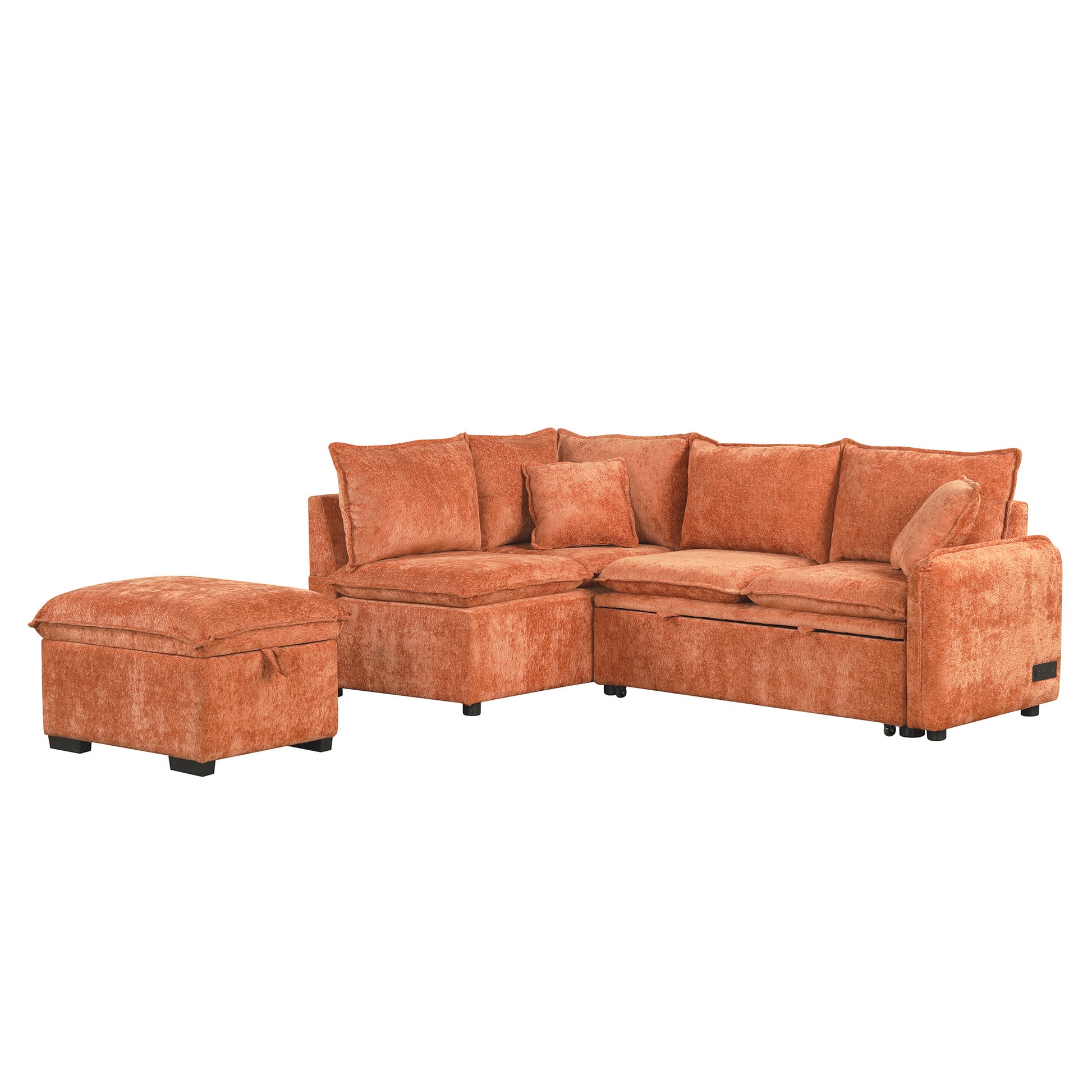 82.67"Convertible Sofa Bed Sectional Sofa Sleeper L Shaped Sofa With A Storage Ottoman,Two Pillows, Two Power Sockets And Two Usb Ports For Living Room, Orange Orange Foam Chenille 4 Seat