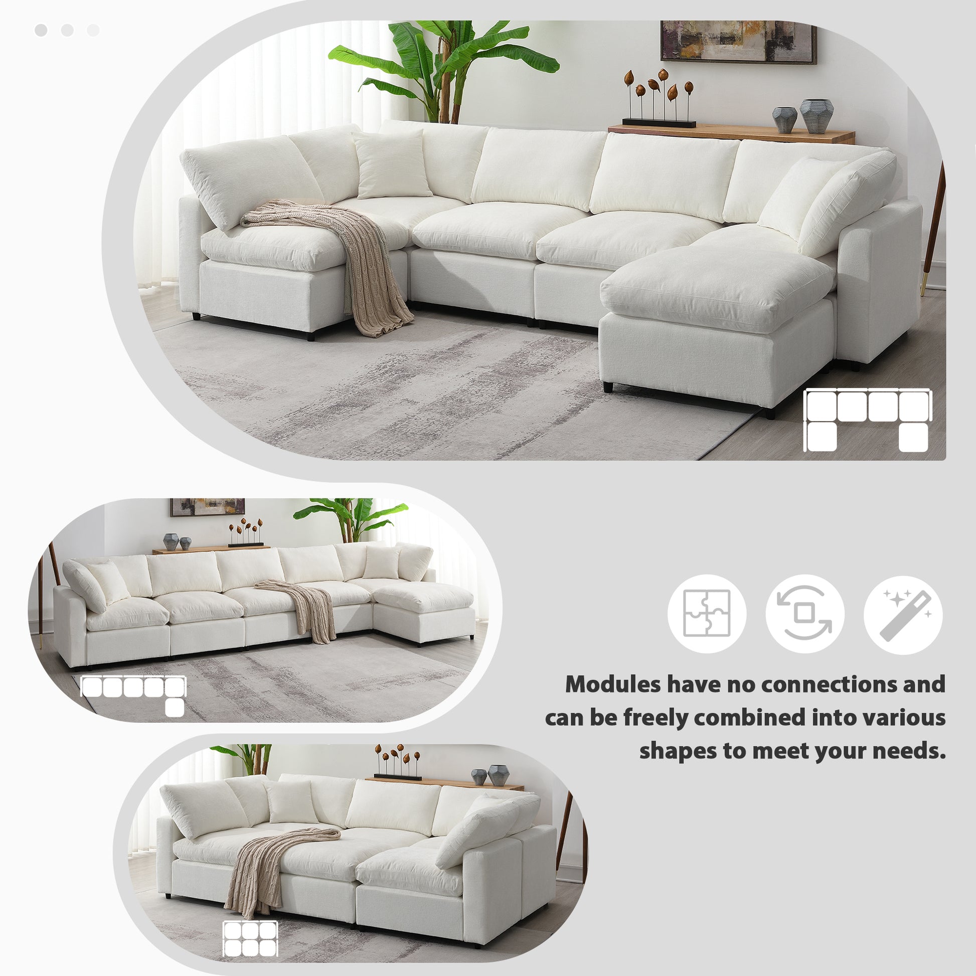 130*65" Modern Modular Cloud Sofa Bed, 6 Seat Chenille Sectional Couch Set With Ottoman,Free Combination,Convertible U Shaped Sleeper Sofa For Living Room, Apartment, 3 Colors Beige Chenille 6 Seat