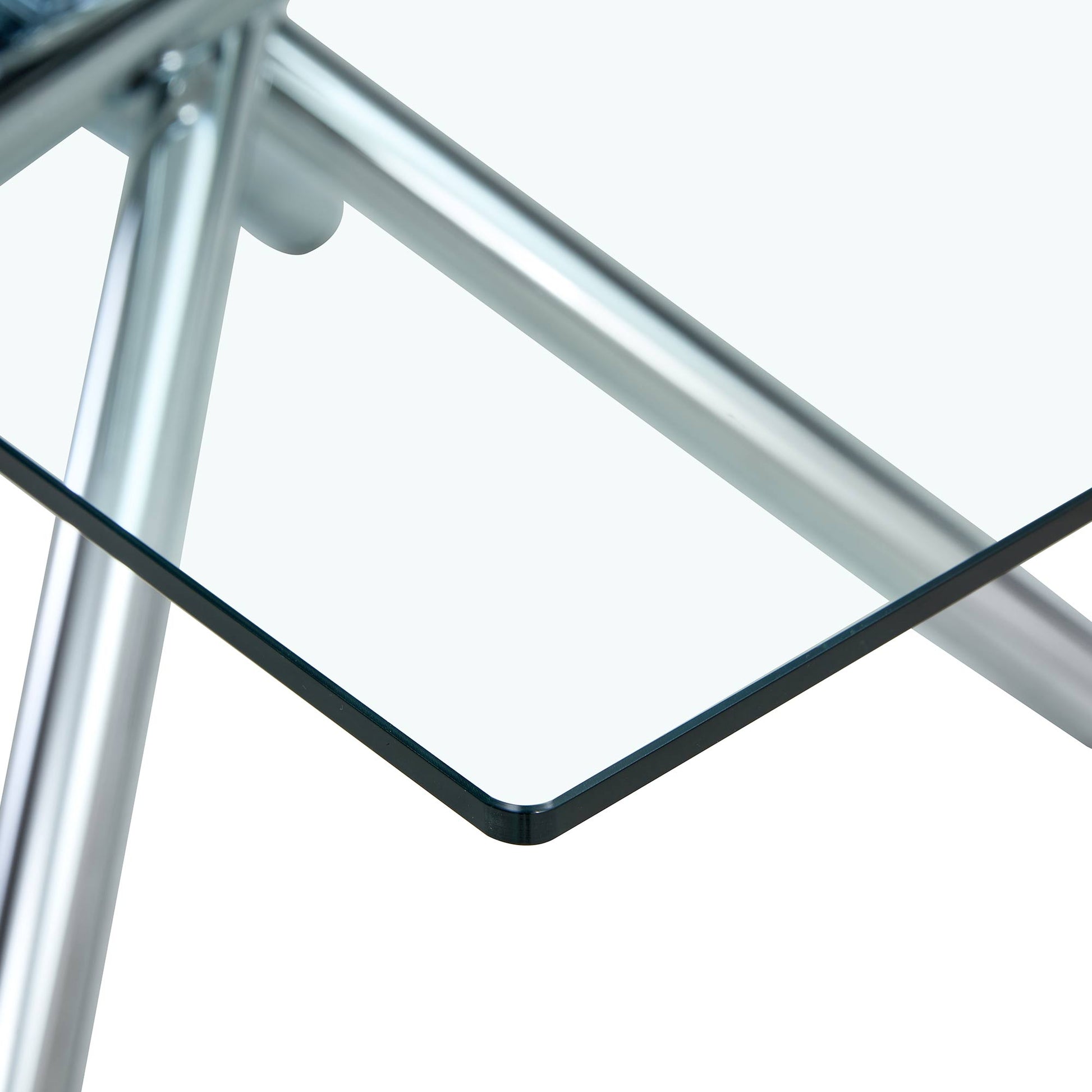 Table And Chair Set.Modern Luxurious Transparent Tempered Glass Dining Table Set.Paried With 6 Chairs With Pu Cushion And Silver C Tube Metal Legs. Transparent,White Seats 6 Glass Metal