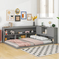 Full Floor Bed With L Shaped Bookcases, Sliding Doors,Without Slats,Grey Full Grey American Design Pine