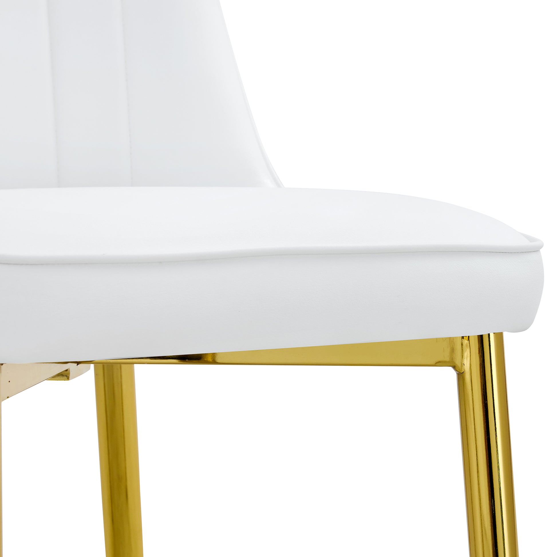 Table And Chair Set.63"W X 35.4"D X 30"H Clear Tempered Glass Desk And Chair Set With 6 White Pu Chairs With Gold Metal Legs.Bring A Comfortable Home Experience To The Kitchen, Bedroom, And Office.