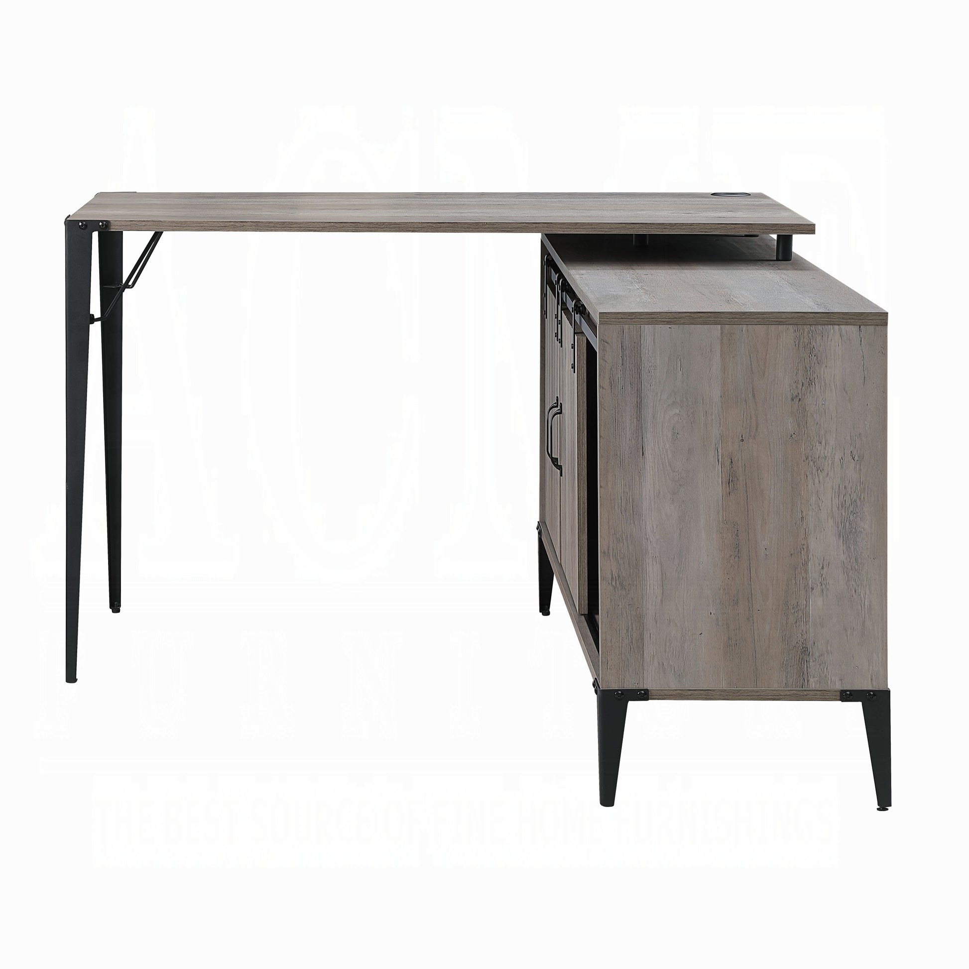 Grey Oak Writing Desk With Sliding Barn Door Grey Black Built In Outlets Or Usb Writting Desk Office Industrial L Shape Shelves Paper Composite