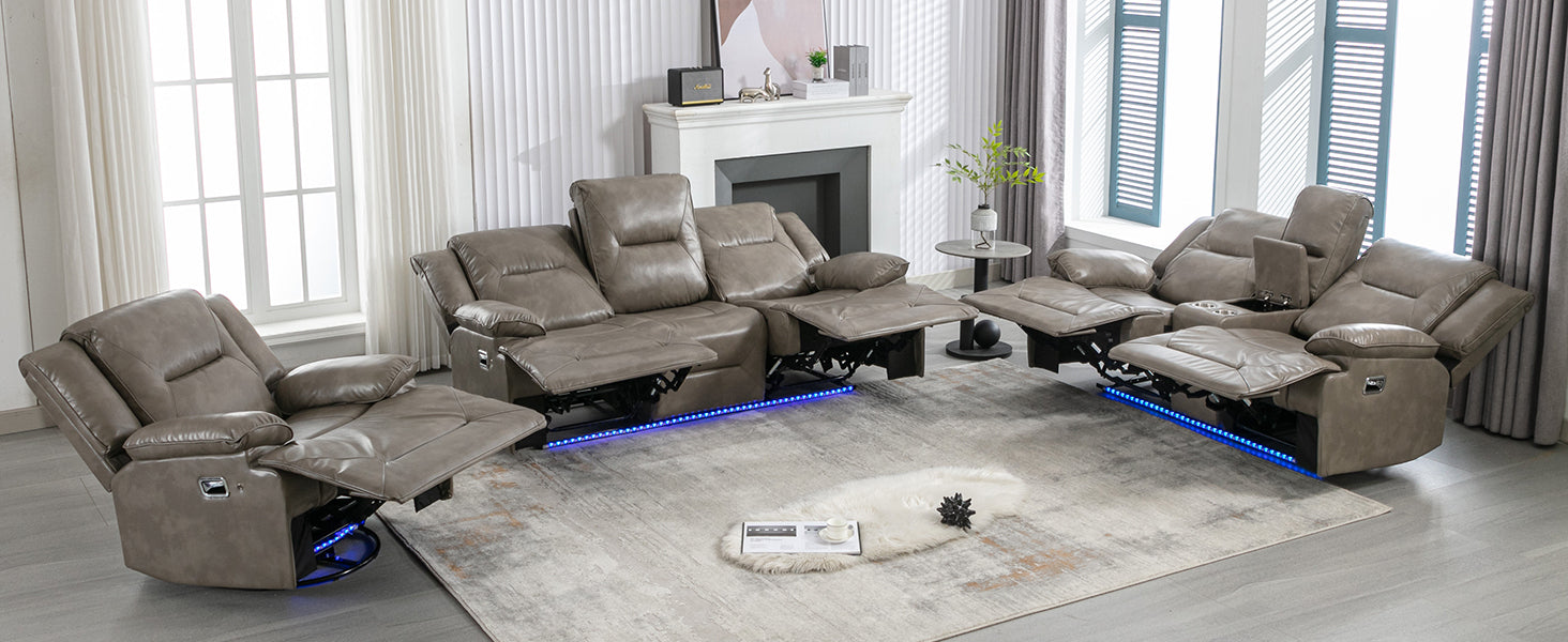 Home Theater Recliner Set Manual Recliner Chair With A Led Light Strip Two Built In Cup Holders For Living Room,Bedroom, Grey Grey Foam Pu