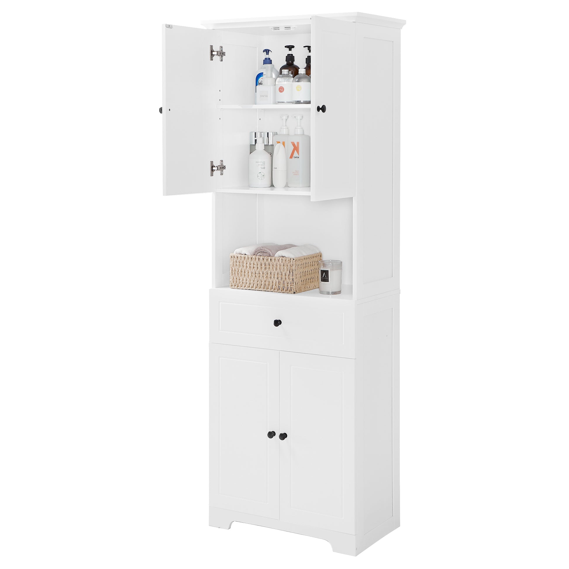 Tall Bathroom Cabinet With Four Doors, Large Storage Space Open Shelve, Upper Storage Cabinet, White White Mdf