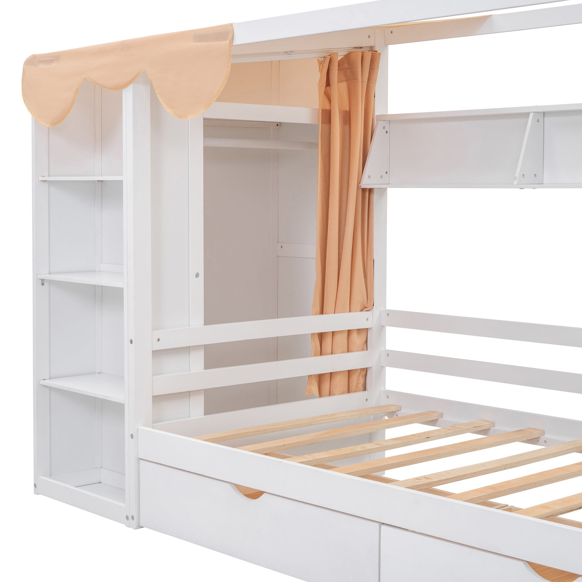 Twin Size House Bed With Two Drawers And Wardrobe,White Twin White Solid Wood