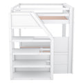 Wood Full Size Convertible Bunk Bed With Storage Staircase, Bedside Table, And 3 Drawers, White White Solid Wood Mdf