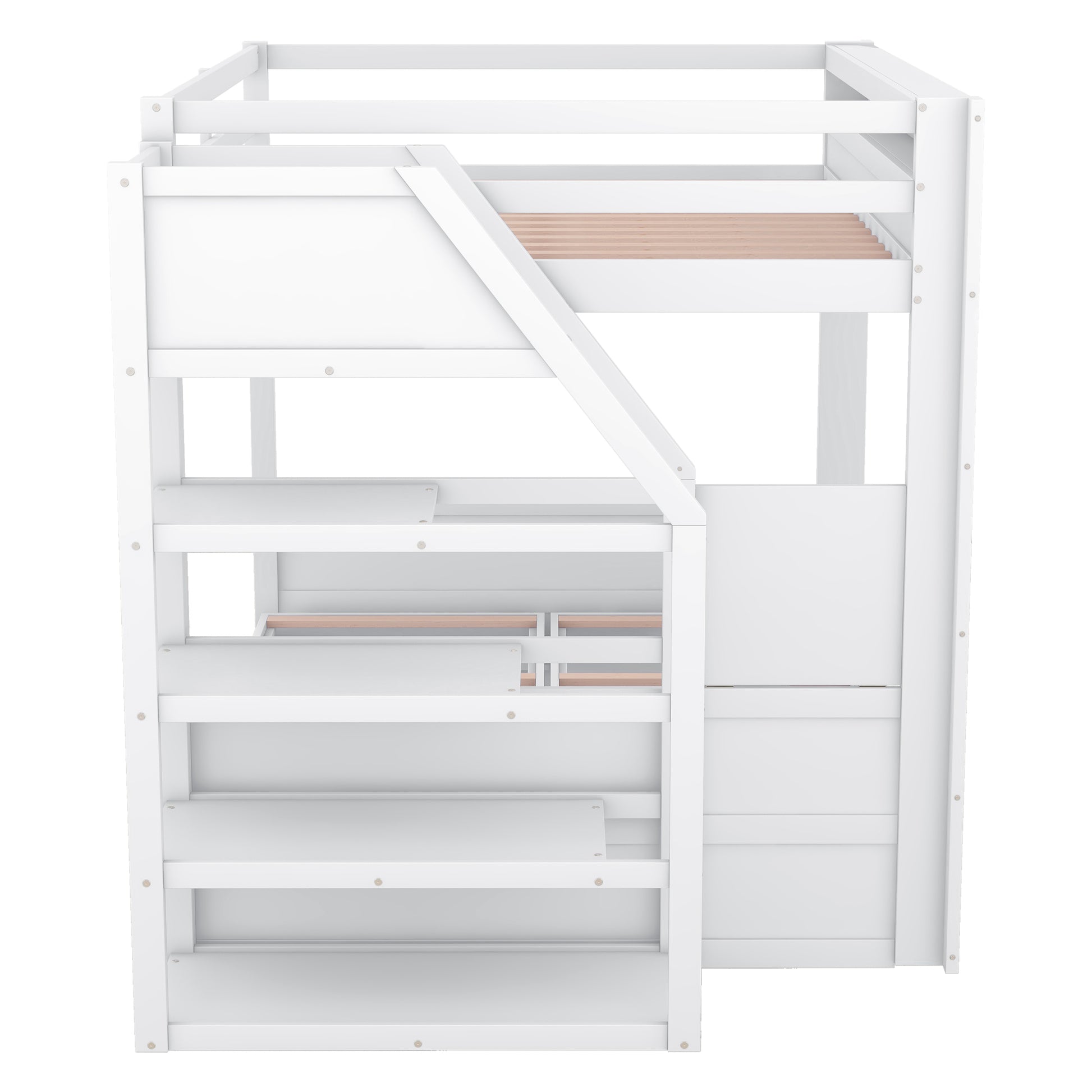 Wood Full Size Convertible Bunk Bed With Storage Staircase, Bedside Table, And 3 Drawers, White White Solid Wood Mdf