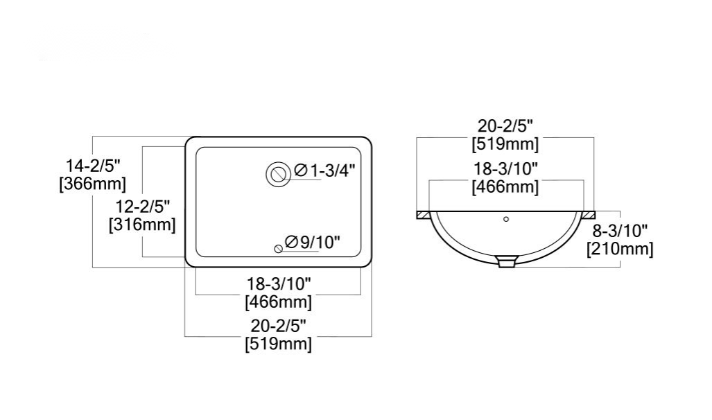 21"X14" White Ceramic Rectangular Undermount Bathroom Sink With Overflow White Ceramic