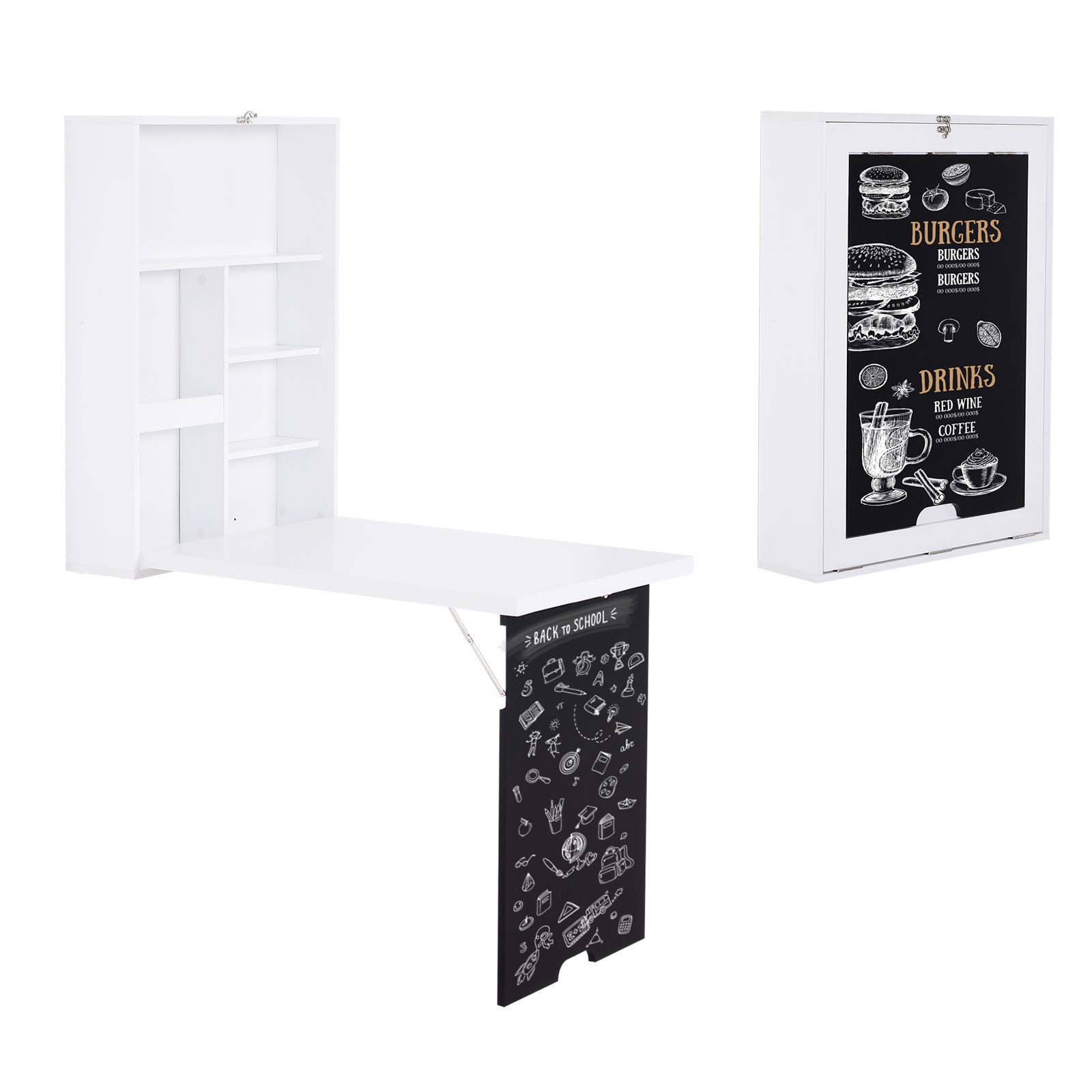 Homcom Wall Mounted Foldable Desk With A Blackboard, Fold Out Convertible Floating Desk With Shelves, White White Black Mdf