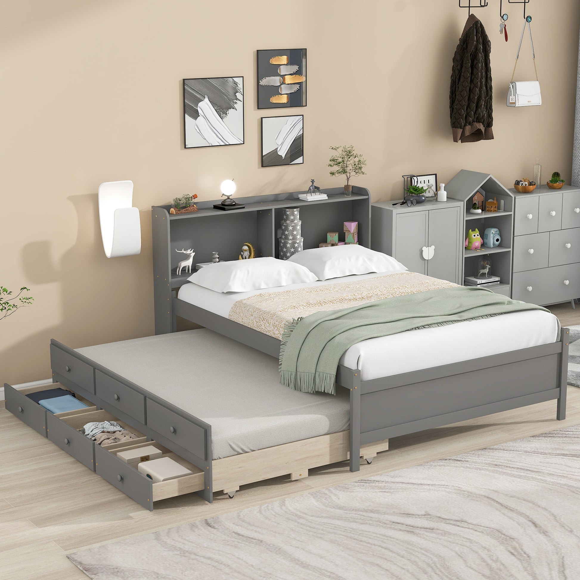 Full Bed With Bookcase,Twin Trundle,Drawers,Grey Full Grey Pine