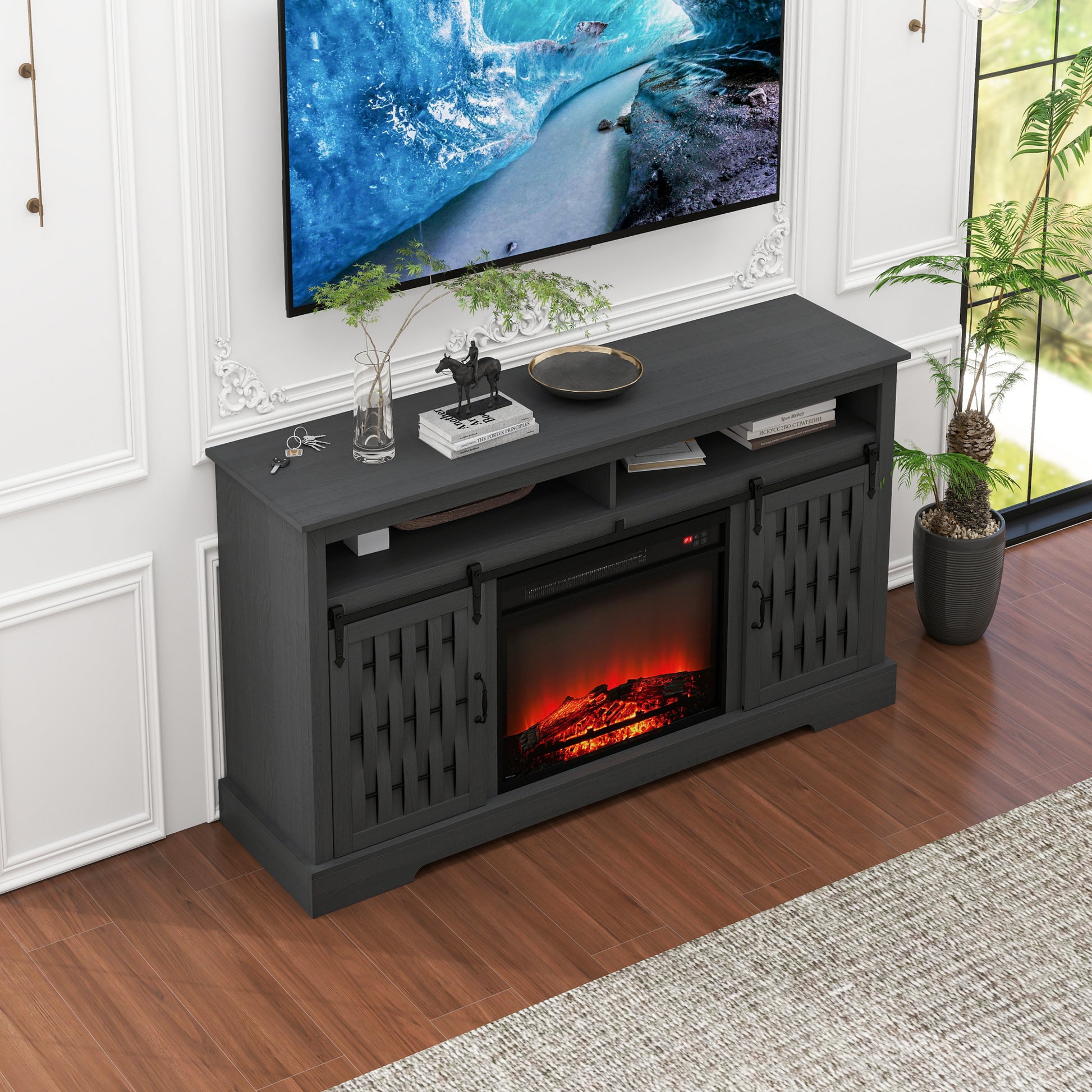 Fireplace Tv Stand For Tvs Up To 65", Entertainment Center With 23" Electric Fireplace, Farmhouse Tv Stand Industrial Media Console With Sliding Barn Door For Living Room, 58 Inch Dark Gray Particle