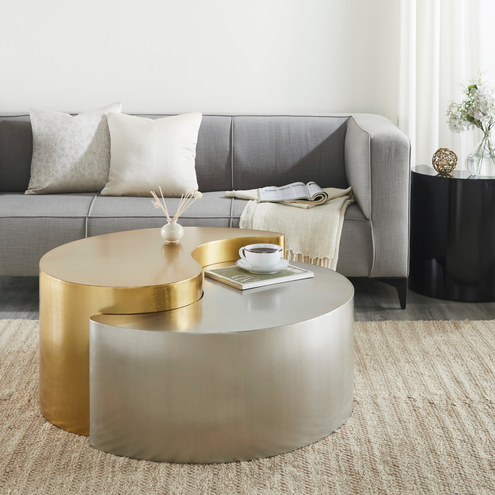 Ying Yang Modern & Contemporary Style 2Pc Coffee Table Made With Iron Sheet Frame In Gold & Silver Multi Primary Living Space Contemporary,Modern Coffee & End Tables Iron Iron