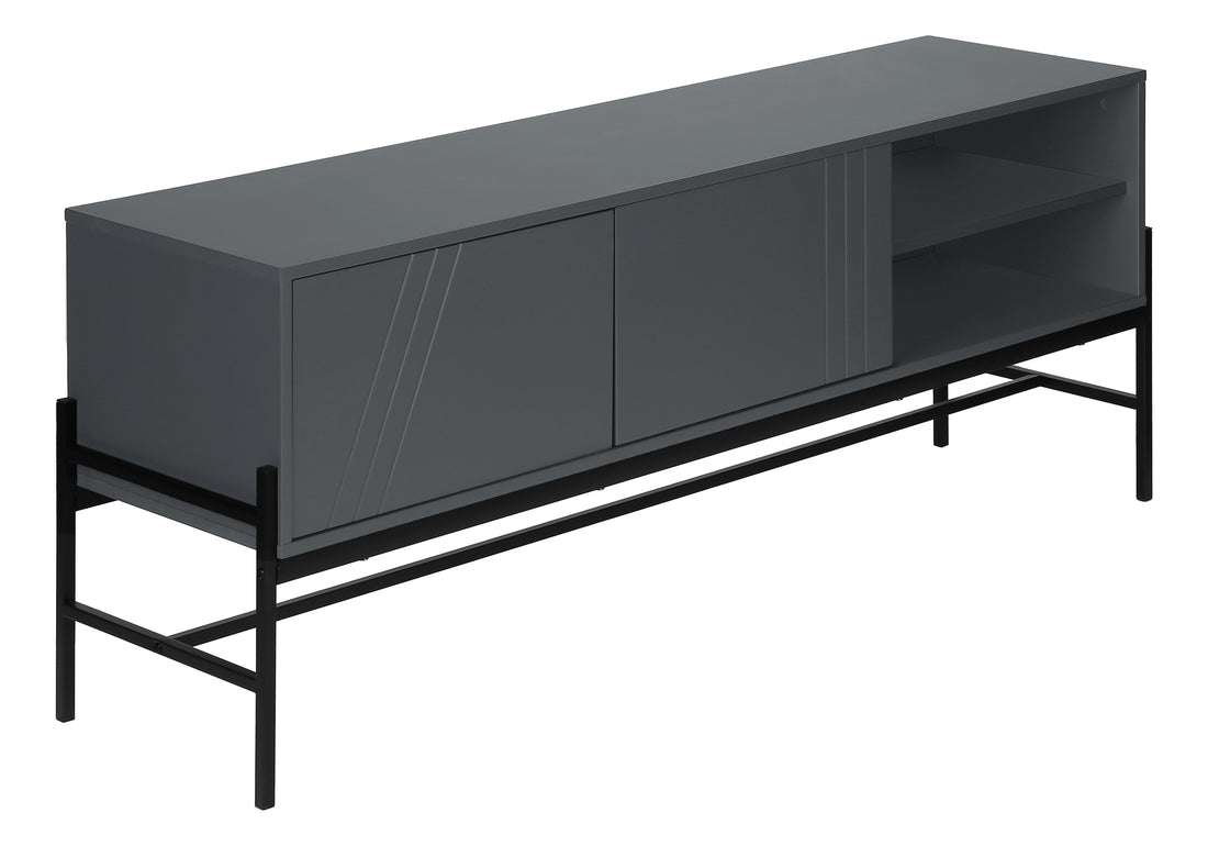 Tv Stand, 60 Inch, Console, Media Entertainment Center, Storage Cabinet, Living Room, Bedroom, Grey Laminate, Black Metal, Contemporary, Modern Grey 80 89 Inches Particle Board