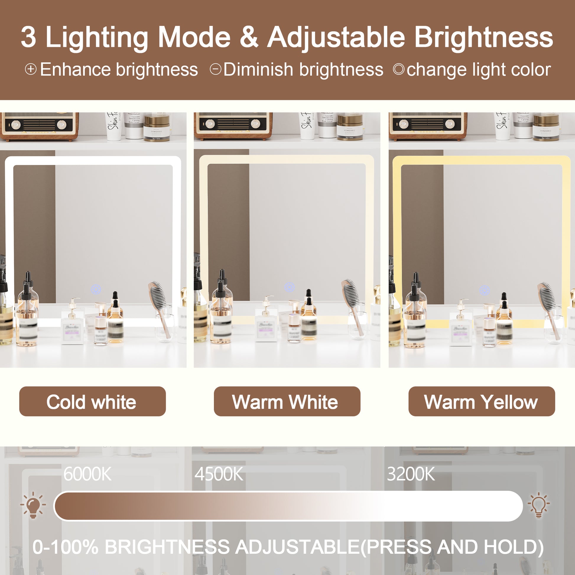 Small Space Vanity Table Set With 3 Adjustable Lighted Mirror And Storage Chair, Makeup Vanity Table For Small Space, White Dressing Table With Fold Up Panel For Bedroom Hinged White White Drawer 2