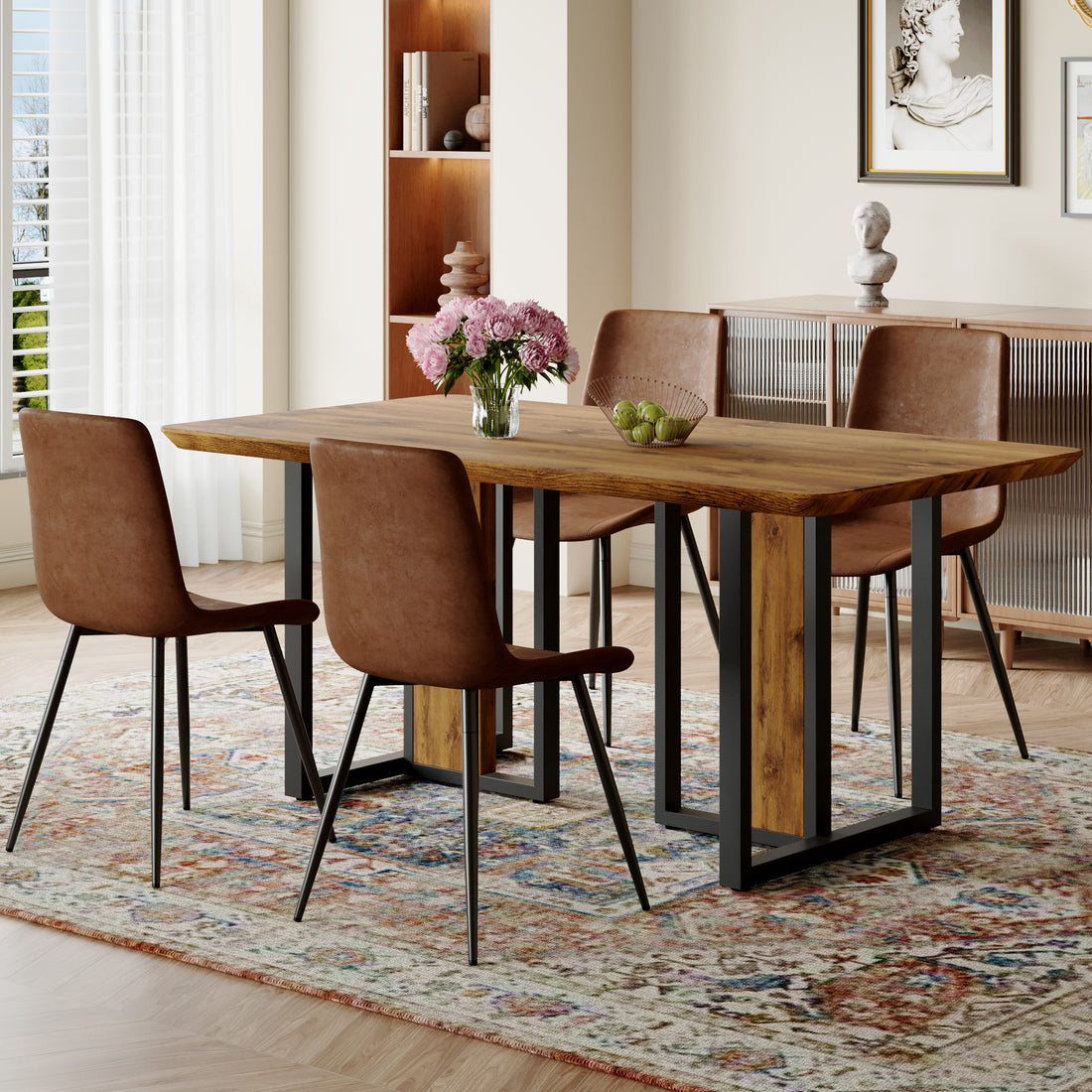 Table And Chair Set.67"X36" Wood Textured Mdf Dining Table Set With 4 Brown Suede Chairs.Mdf Sticker,Wood Colored Texture Sticker,Brown Armless Dining Chair,Suitable For Kitchen,Dining Room,Etc.