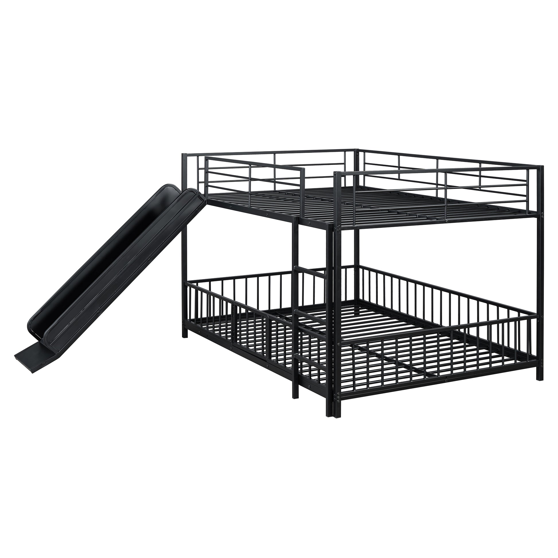 Full Over Full Size Metal Bunk Bed With Slide And Guardrails, Black Full Black Metal