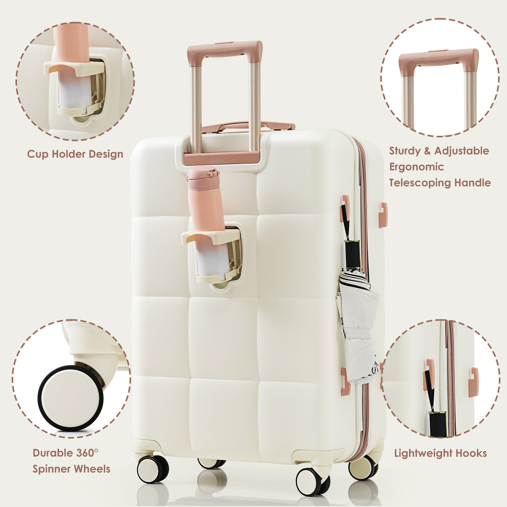 Luggage Sets 4 Piece, 20 Inch With Usb Port, Expandable Abs Durable Suitcase With Travel Bag, Cup Holder, Abs Hard Shell Luggage With Spinner Wheels, Beige Beige Gold Abs