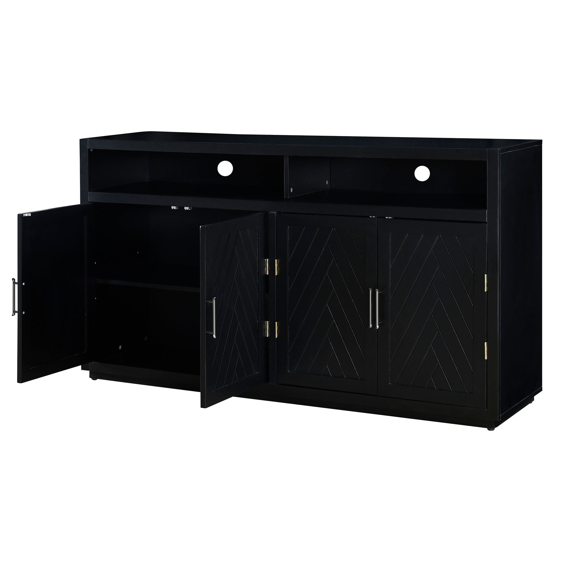 4 Door Classic Sideboard With Open Storage And Adjustable Shelves Perfect For Kitchens, Living Rooms Black Black Mdf