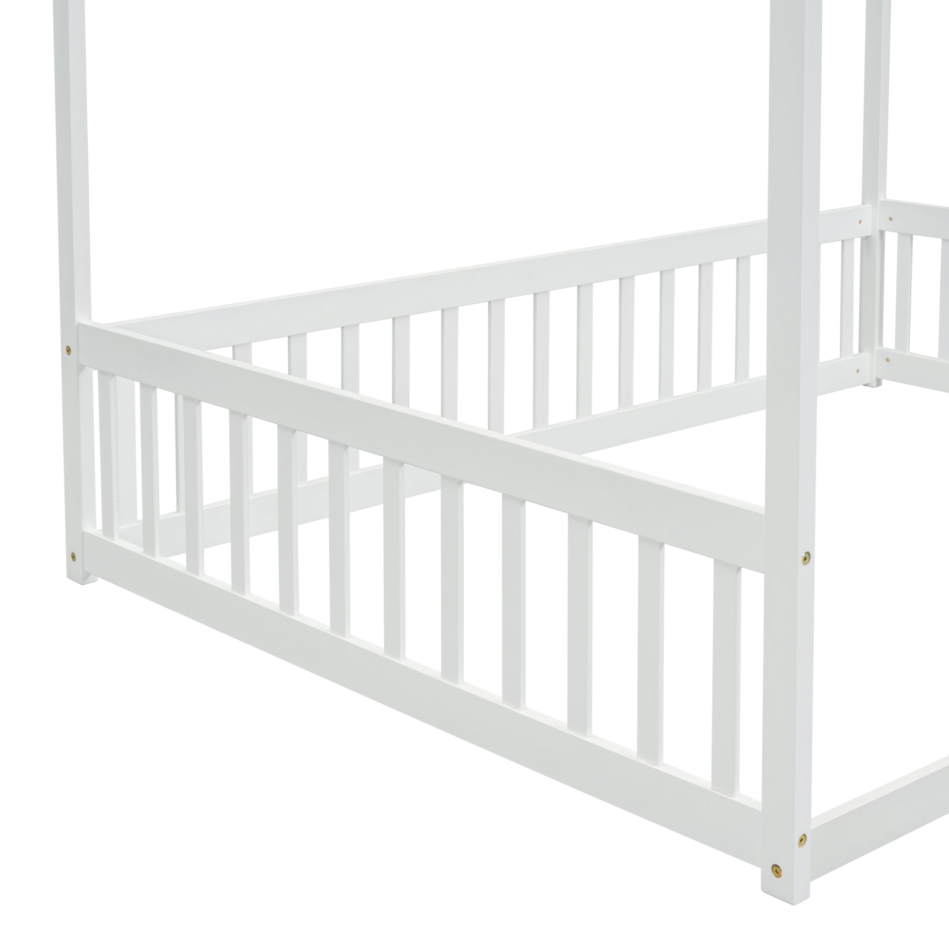 Full Size Canopy Frame Floor Bed With Fence, Guardrails,White Full White American Design Pine