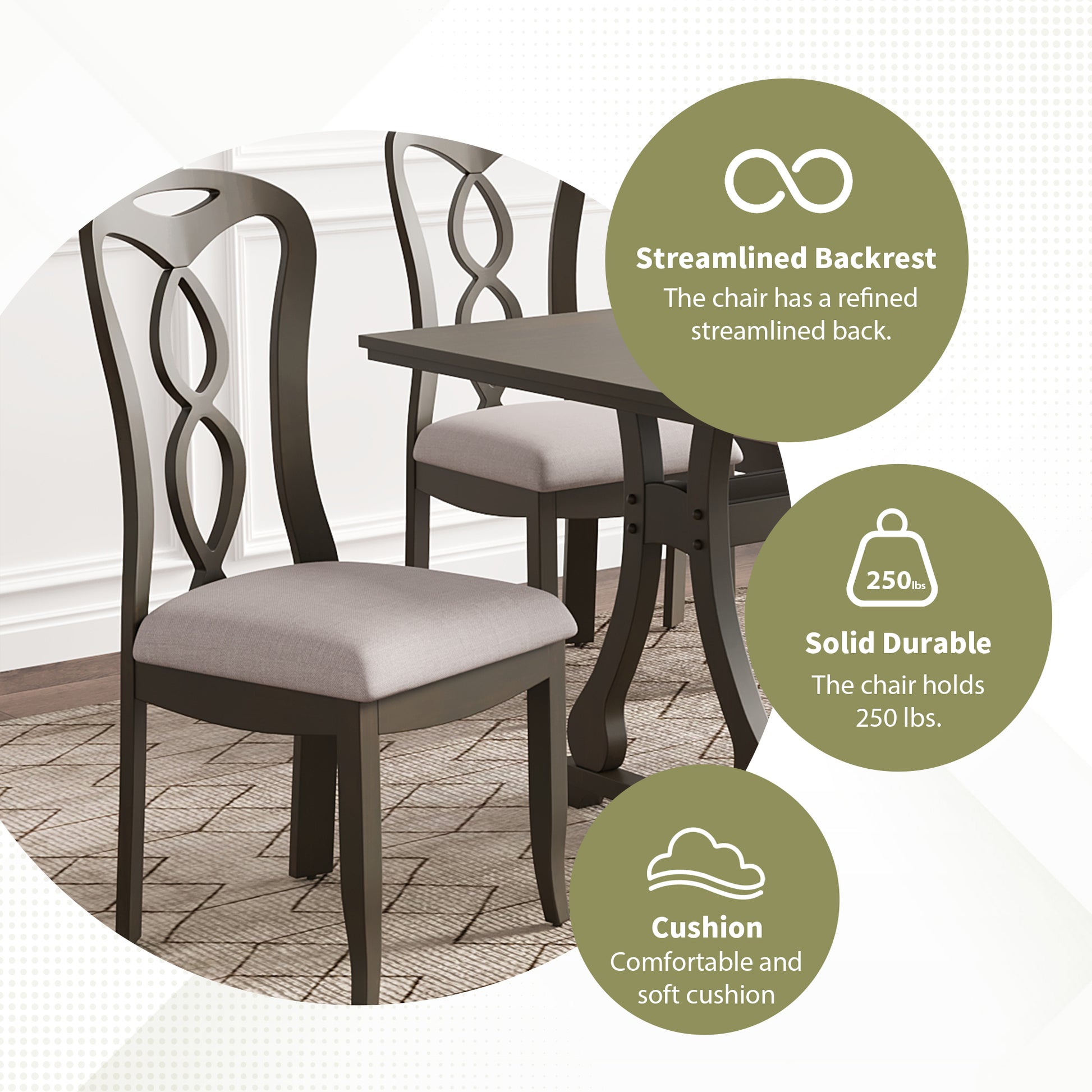 Retro 7 Piece Trestle Dining Table Set With Upholstered Dining Chairs, Smooth Dining Backs For Dining Room, Living Room, Kitchen, Gray Upholstered Chair Wood Gray Seats 6 Wood Dining Room Solid Wood Rubberwood Trestle Rectangular Foam Dining Table With