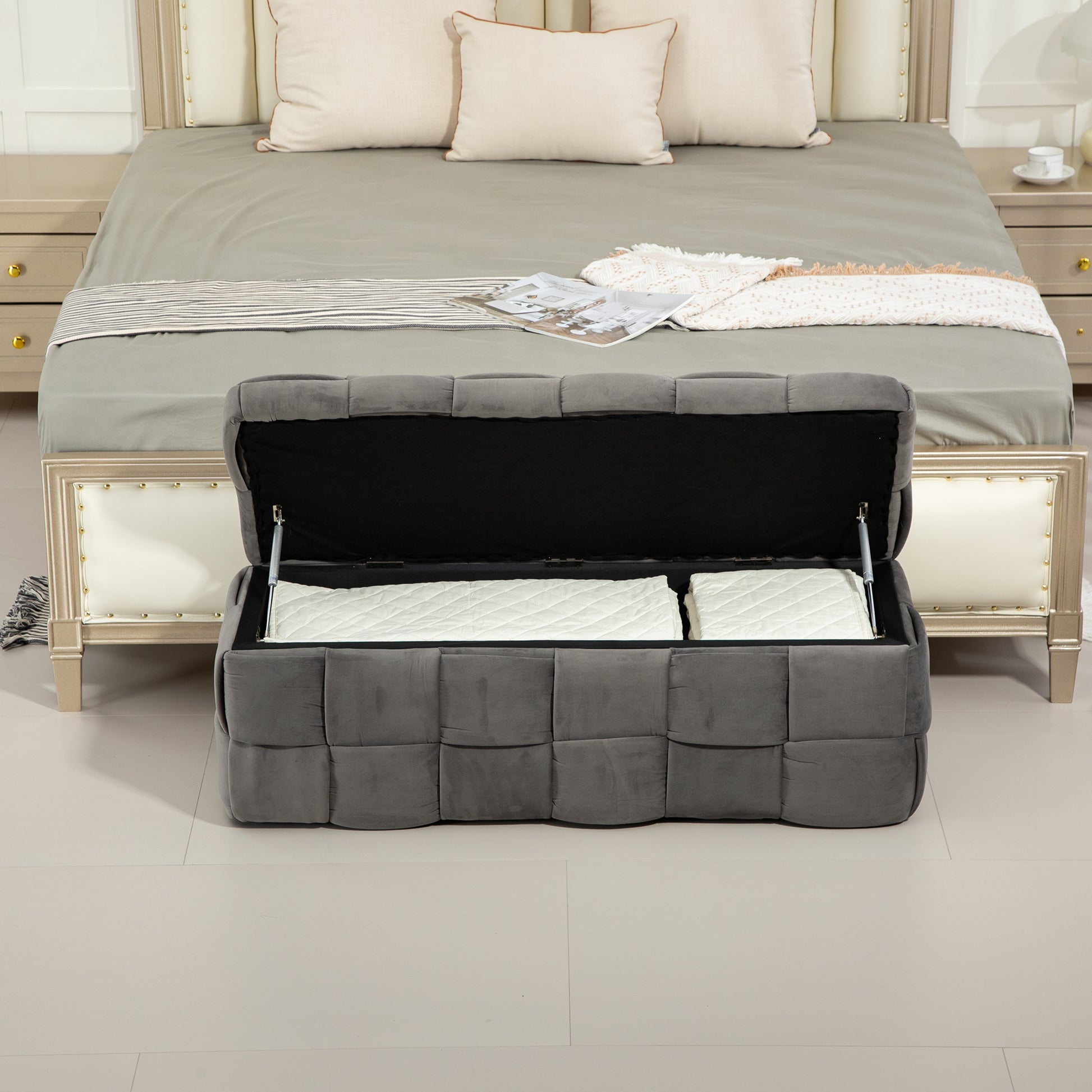 Coolmore Storage Ottoman,Bedroom End Bench,Upholstered Fabric Storage Ottoman With Safety Hinge, Entryway Padded Footstool, Ottoman Bench For Living Room & Bedroom Gray Dark Gray Velvet Bedroom Black Rubberwood Internal Storage Foam Velvet