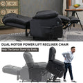 Dual Motor Infinite Position Up To 350 Lbs Electric Medium Size Genuine Leather Black Power Lift Recliner Chair With 8 Point Vibration Massage And Lumbar Heating White Metal Primary Living Space Heavy Duty Pine Black Genuine Leather Power Remote Medium