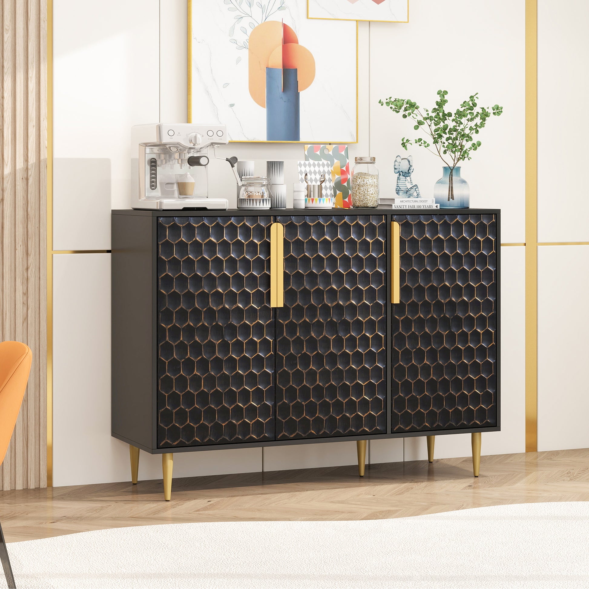 3 Door Storage Cabinet,Buffeet Sideboard With Adjustable Shelves,Honeycomb Seamless Hexagons Pattern Metal Door For Living Room,Dinging Room,Kitchen,Entrance Black Modern Iron,Particle Board Mdf