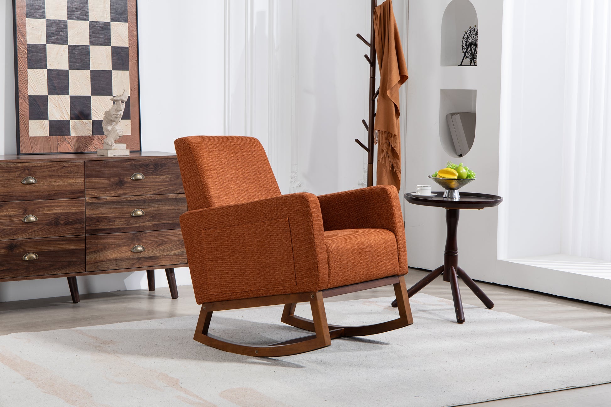 Mid Century Modern Accent Chair With Wood Frame, Upholstered Living Room Chairs With Waist Cushion, Reading Armchair For Bedroom Sunroom Brown Linen