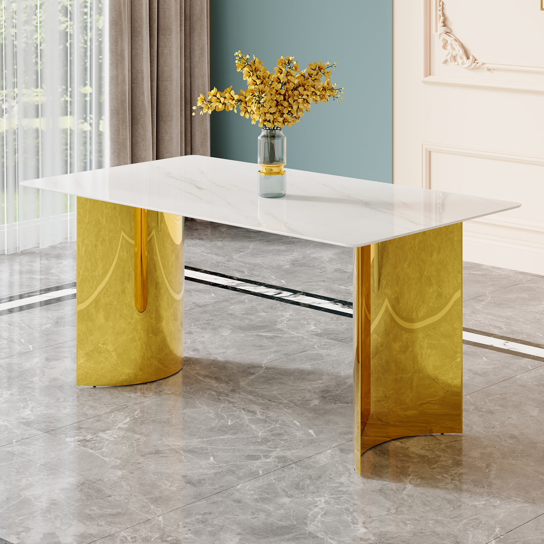 Modern Minimalist Dining Table. White Imitation Marble Glass Sticker Tabletop, Golden Table Legs, Stable And Beautiful. Suitable For Living Room And Dining Room 63" *35.4" *30 Dt 69 White Glass