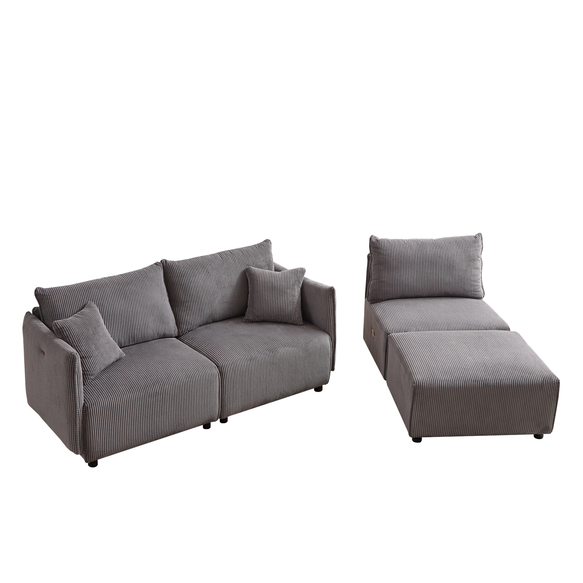 Multi Module Combination Style Sofa For Living Room, Bedroom And Other Lounge Spaces, Modern Minimalist Corduroy Combination Sofa With 2 Comfort Cushions With Usb & C Charging Ports,Gray,Two Sets Gray Foam Fabric 8 Seat