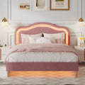 Queen Size Velvet Upholstered Smart Led Bed Frame With Adjustable Height Headboard,No Box Spring Needed,Easy Assembly,Pink Box Spring Not Required Queen Pink Wood Bedroom Cute,Modern Bed Frame Wood