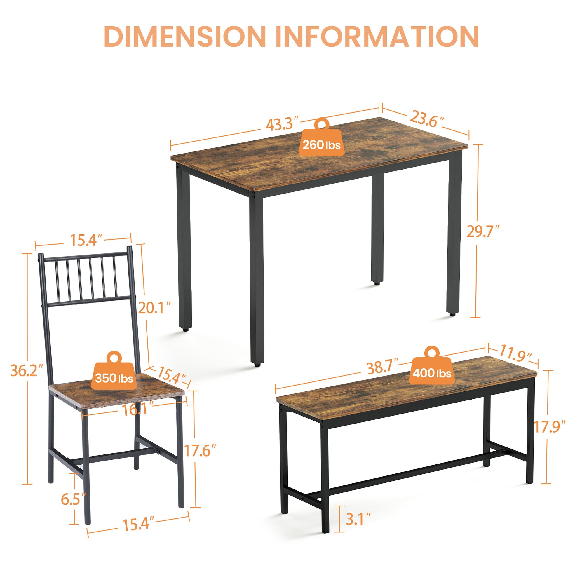 Dining Table Set, Barstool Dining Table With 2 Benches 2 Back Chairs, Industrial Dining Table For Kitchen Breakfast Table, Living Room, Party Room, Rustic Brown And Black,43.3 L X 23.6 W X 29.9 H Rustic Brown Seats 6 Particle Board