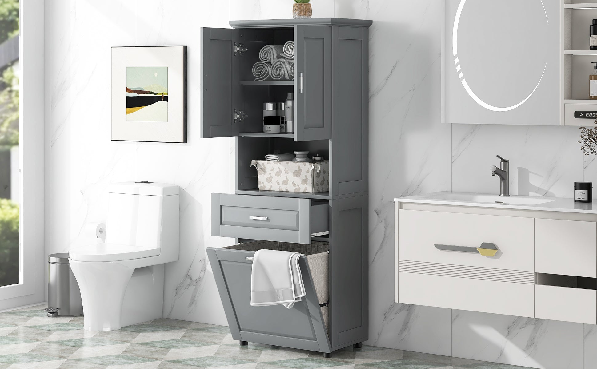 Tall Bathroom Cabinet With Laundry Basket, Large Storage Space Tilt Out Laundry Hamper And Upper Storage Cabinet, Grey Grey Mdf