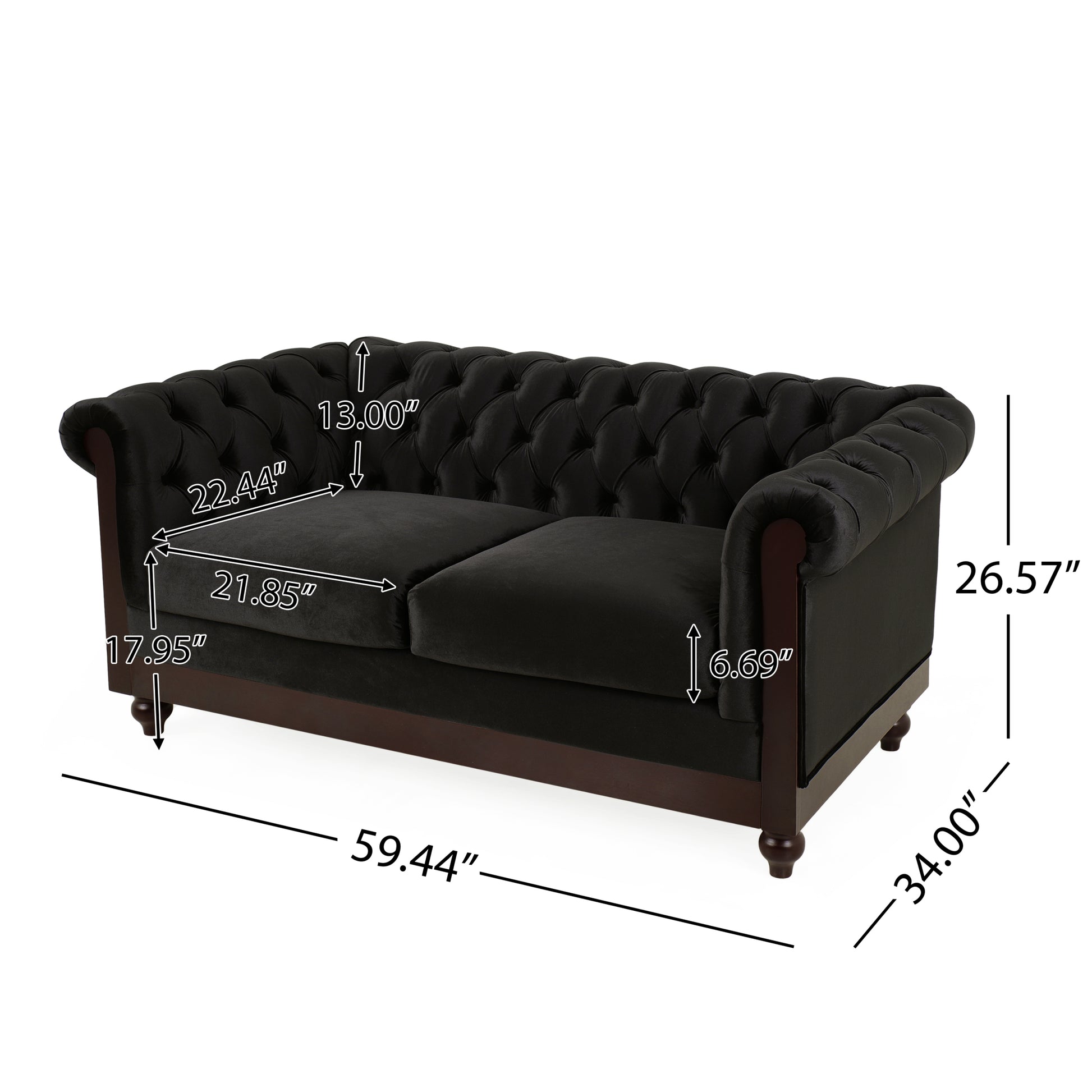 Vivalux 59.44" Chesterfield Velvet Loveseat Sofa,2 Person Rolled Arm Dutch Plush Upholstered Sofa Couch With Tufted Button For Living Room, Bedroom, Small Places,Black Black Espresso Velvet Wood Primary Living Space Soft Tufted Back Casual,Classic Pine