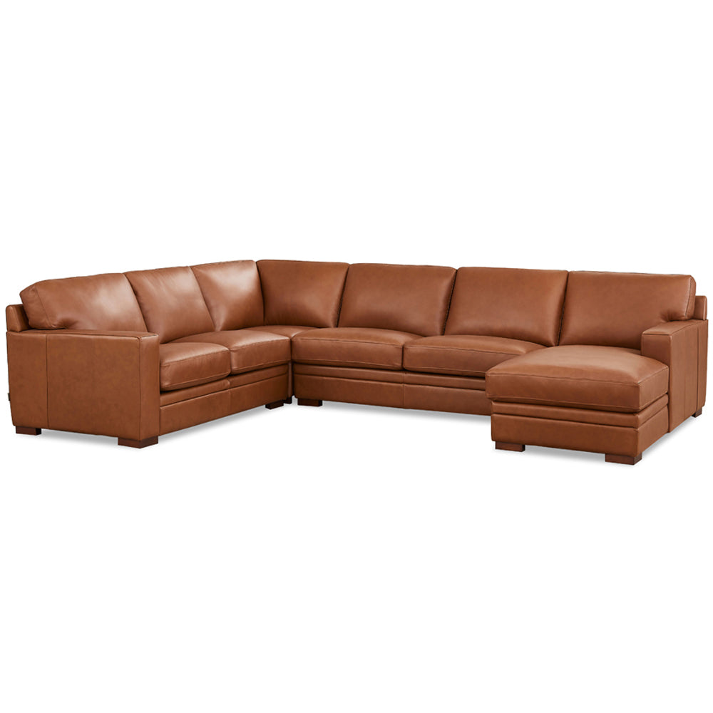 Dillon Leather Right Chaise Sectional Brown Genuine Leather Wood Primary Living Space Medium Firm Cushion Back Mid Century Modern U Shaped Eucalyptus Square Arms Down Filling Leather 6 Seat