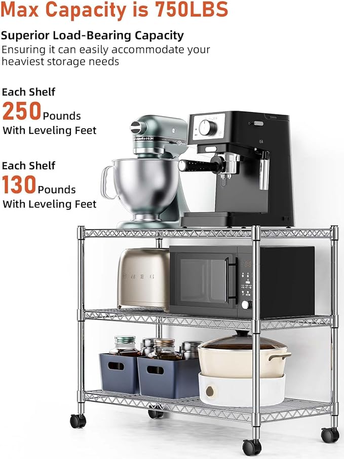 3 Tier Heavy Duty Storage Shelves 750Lb Capacity, 24.02" D X 13.78" W X 21.97" H Shelving Unit For Pantry, Garage, Laundry And Kitchen Chrome Steel