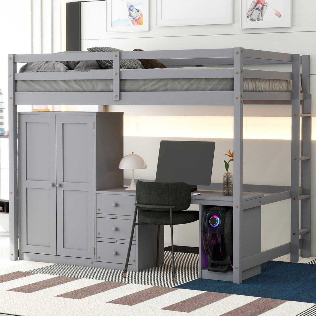 Full Size Loft Bed With Wardrobe, Desk And Storage Drawers, Gray Full Gray Pine