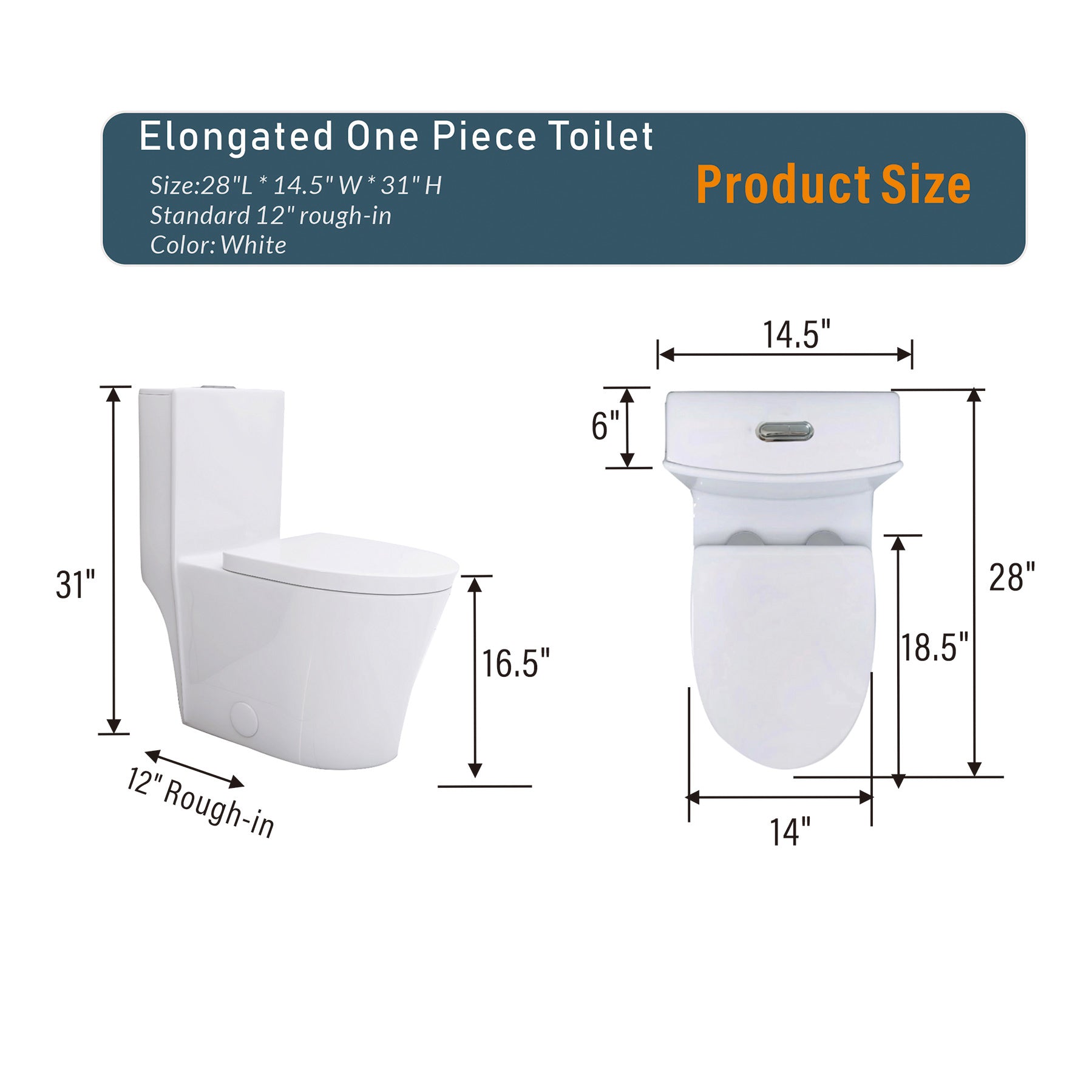 Elongated One Piece Toilet White White Bathroom Modern Porcelain