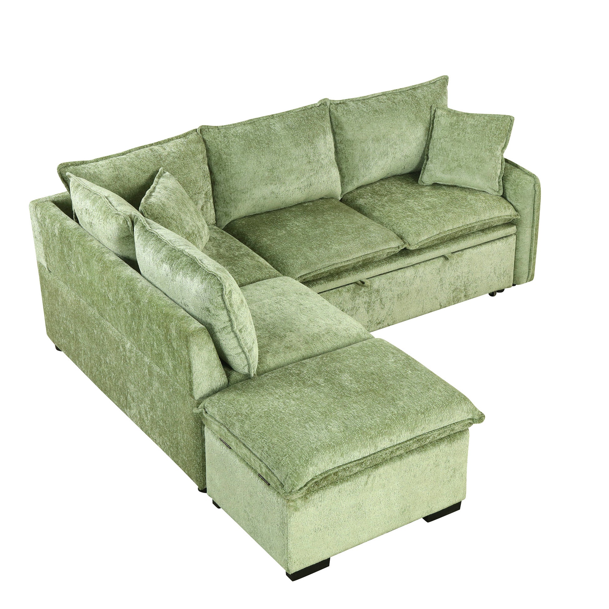 82.67"Convertible Sofa Bed Sectional Sofa Sleeper L Shaped Sofa With A Storage Ottoman,Two Pillows, Two Power Sockets And Two Usb Ports For Living Room, Green Green Foam Chenille 4 Seat