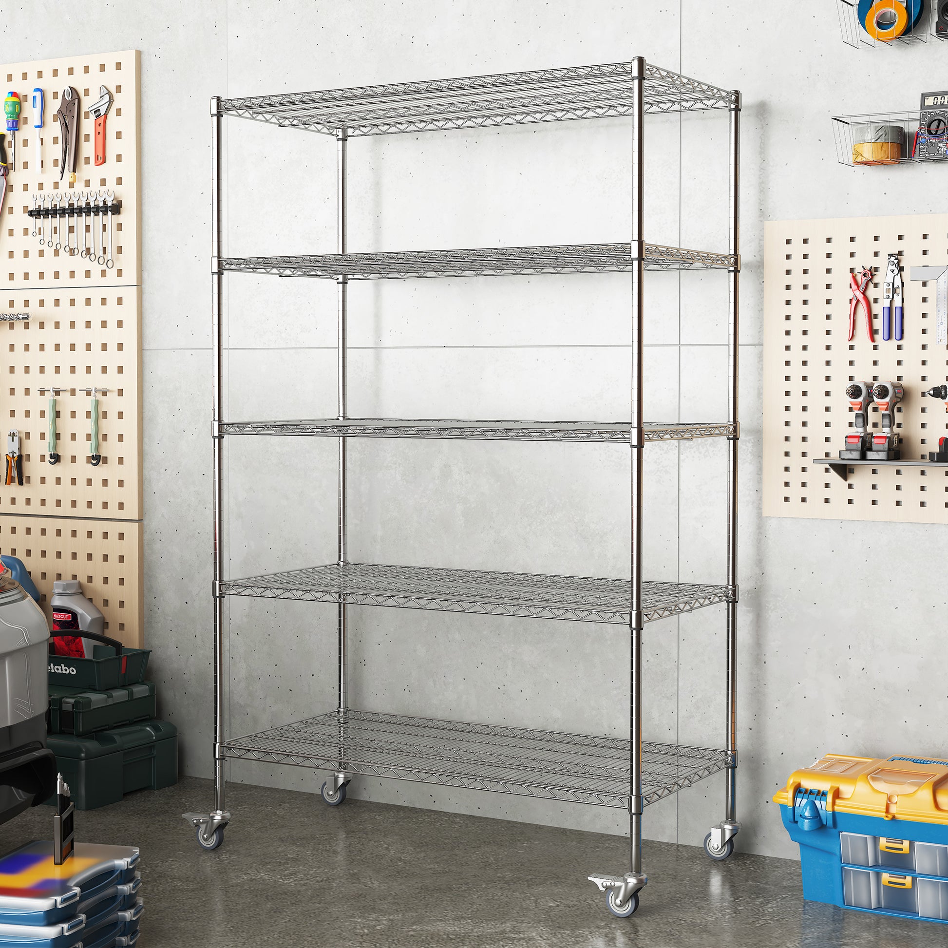 72" H Metal Large Storage Shelves With Wheels, Metal Shelving With Chrome, Adjustable 5 Tier Sturdy Metal Shelves For Storage Shelving,Kitchen,Garage 5 Silver Primary Living Space Metal Modern