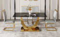 Table And Chair Set.Modern Rectangular Dining Table With Black Textured Stickers Glass Tabletop And Gold Plated Metal Legs.Paried With 4 Comfortable Chairs With Pu Seats And Golden Metal Legs. Gold,Light Gray Seats 4 Glass Metal