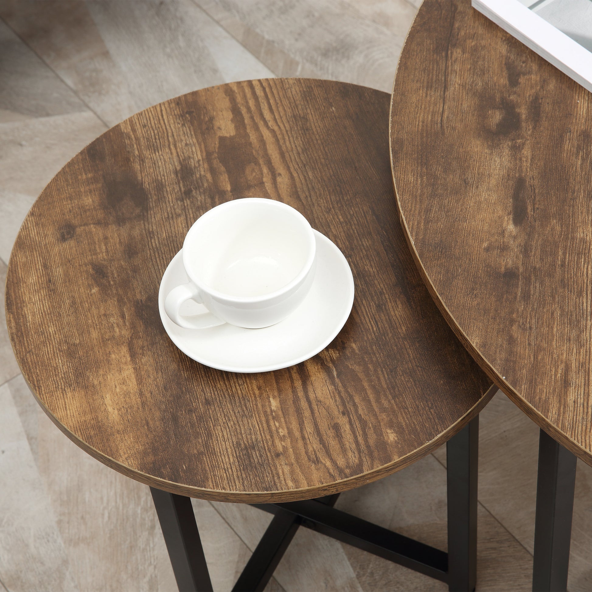 Homcom Round Coffee Table Set Of 2, Industrial Living Room Tables With Metal Frame, Circle Coffee Tables For Living Room, Rustic Brown Rustic Brown Mdf