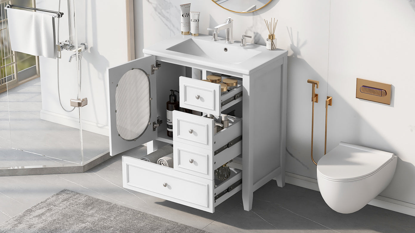 30" Bathroom Vanity With Sink, Bathroom Vanity Cabinet With Three Drawers And Door, Solid Wood And Mdf, White White Solid Wood Mdf