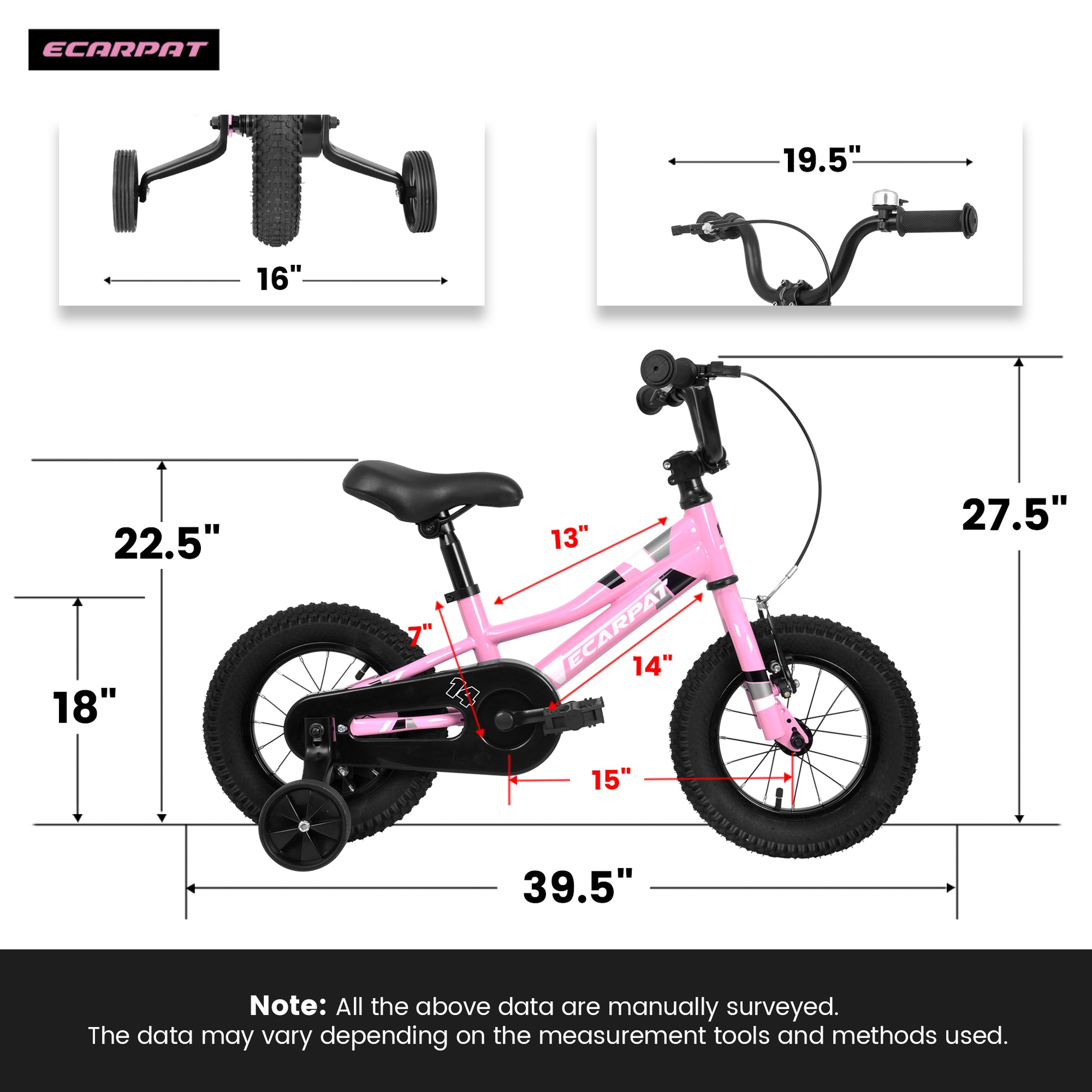 A14117 Kids' Bike 14 Inch Wheels, 1 Speed Boys Girls Child Bicycles For2 4Years, With Removable Training Wheels Baby Toys, Front V Brake, Rear Holding Brake Pink Cute Polyurethane Foam 3 To 4 Years Carbon Steel Outdoor