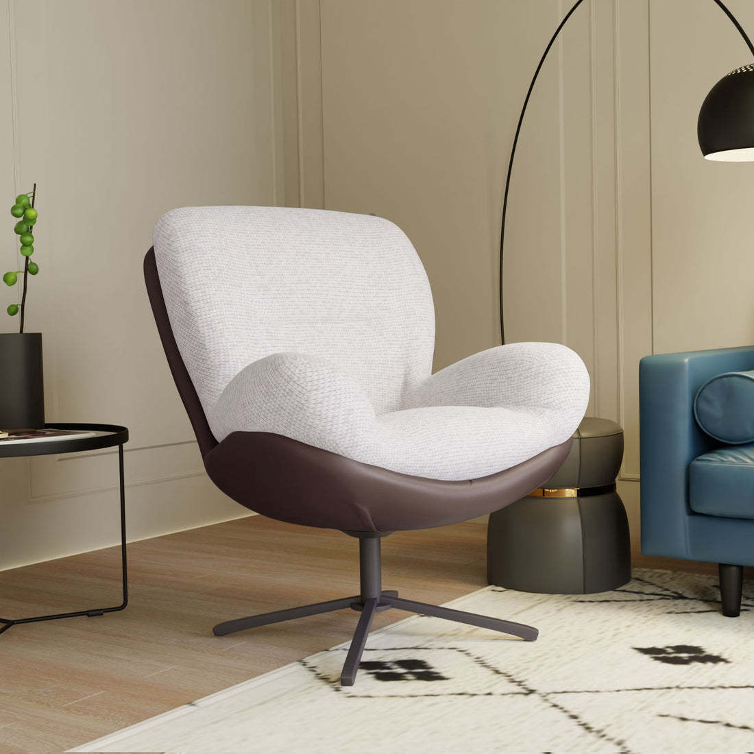 360 Swivel Accent Chair, Modern Chenille Lounge Chair With Faux Leather And Black Metal Base Frame, Comfortable Reading Chair For Small Spaces, Living Room, Bedroom, Reading Corner, Office White Brown White Brown Primary Living Space Art
