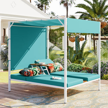 Outdoor Patio Sunbed Daybed With Cushions, Adjustable Seats Blue Steel